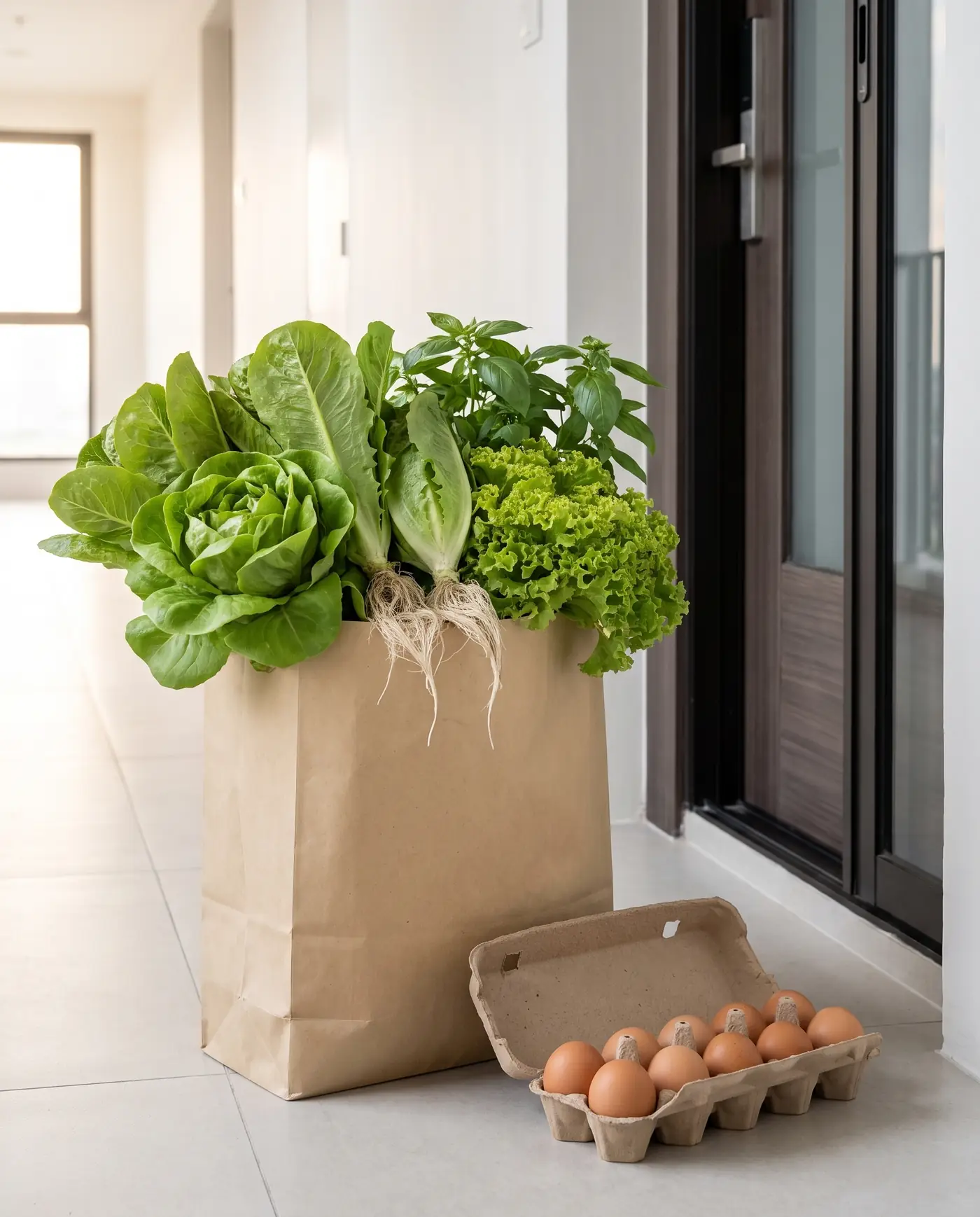 A kraft bag of live greens and herbs with a tray of eggs, left at an apartment door